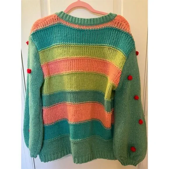 🆕 Umgee Women's Color Block Pom Pom Cardigan Sweater Multicolor Size S - Picture 2 of 6